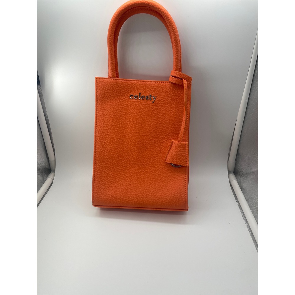 Celesty Orange Pebbled Vegan Leather Mini Tote Bag Handheld Small Purse